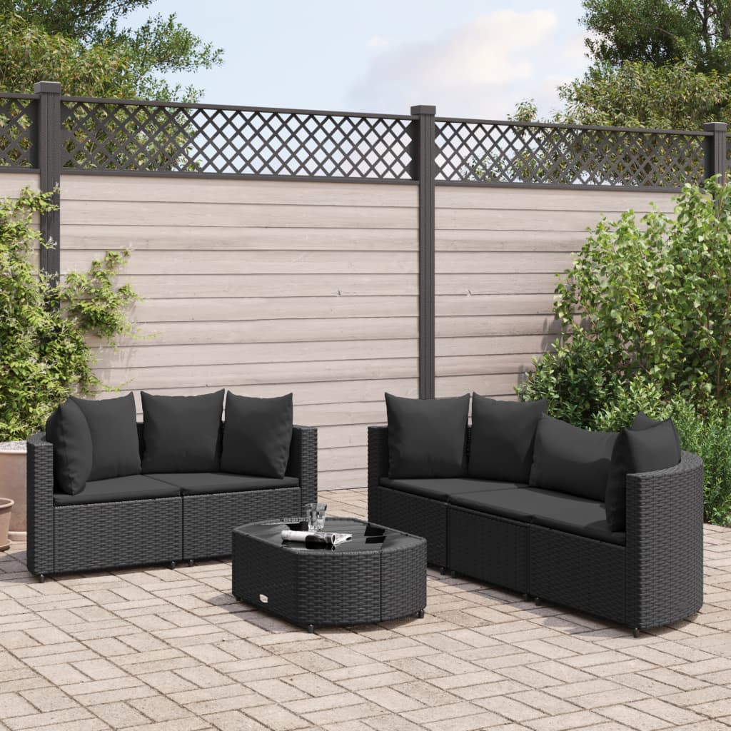 6-delige Loungeset met kussens poly rattan zwart - AllerleiShop