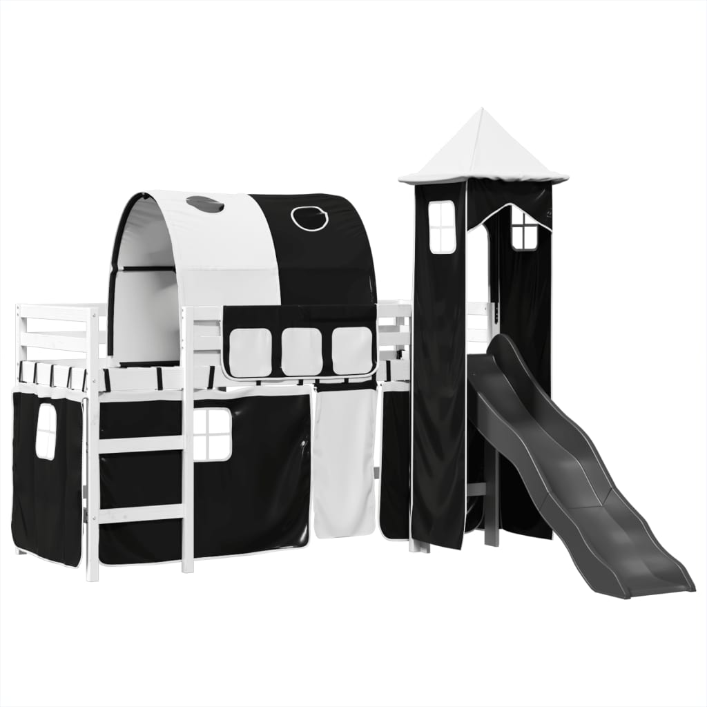 Kinderhoogslaper met toren 90x200 cm grenenhout wit en zwart - AllerleiShop