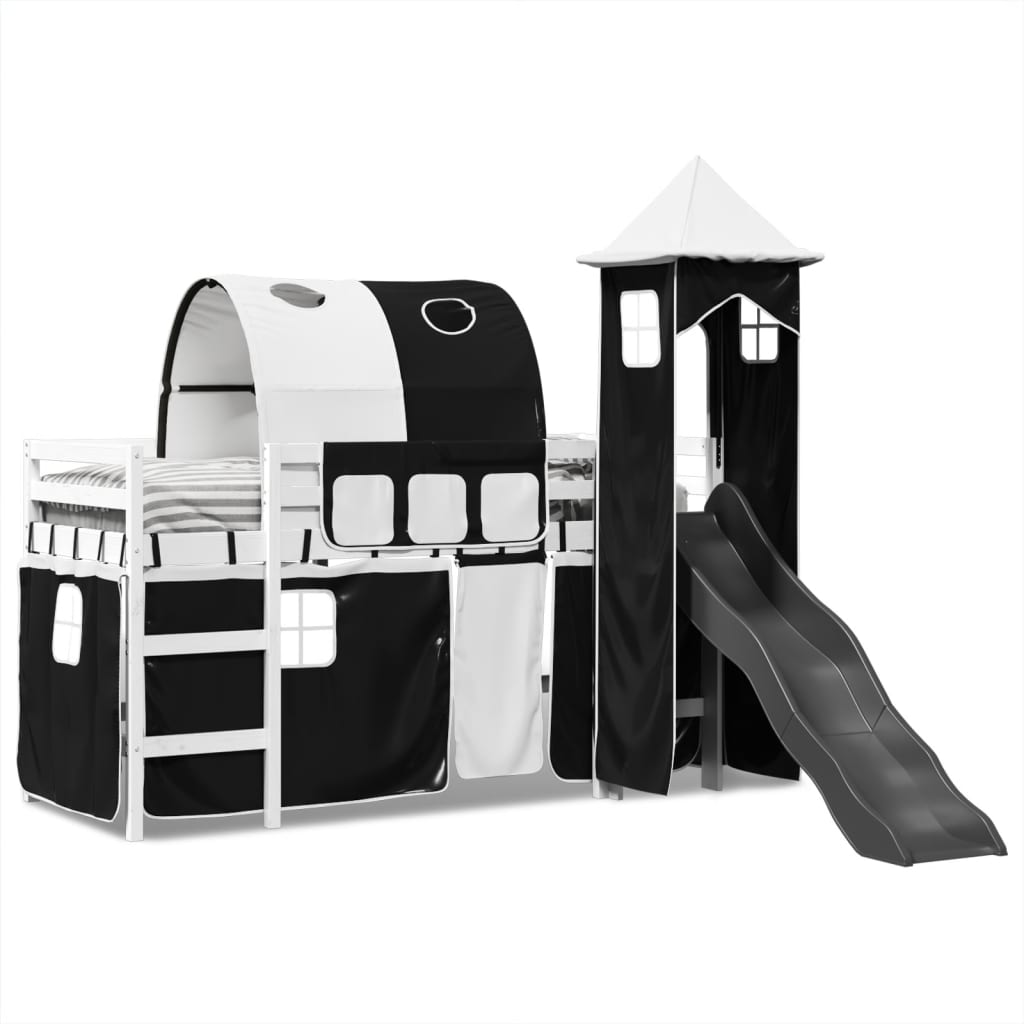 Kinderhoogslaper met toren 90x200 cm grenenhout wit en zwart - AllerleiShop