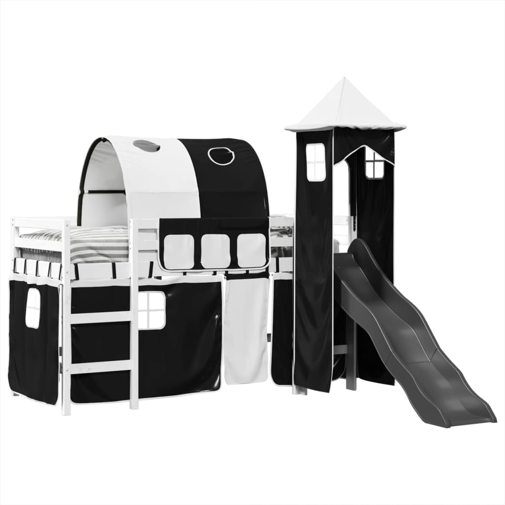 Kinderhoogslaper met toren 90x200 cm grenenhout wit en zwart - AllerleiShop