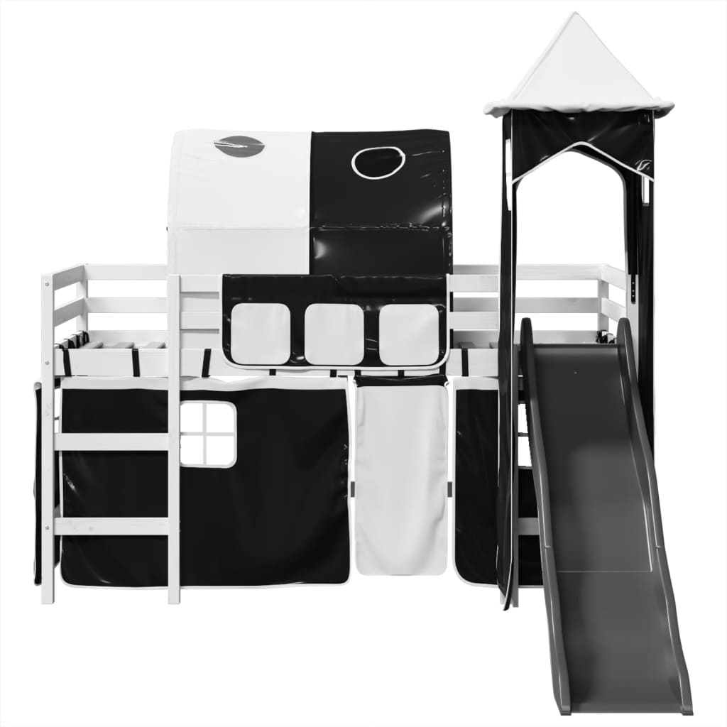 Kinderhoogslaper met toren 90x200 cm grenenhout wit en zwart - AllerleiShop