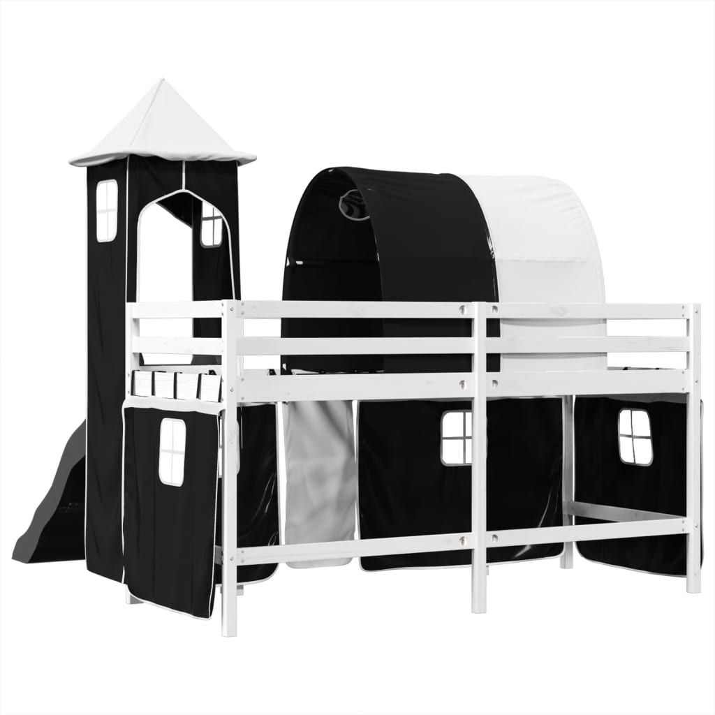 Kinderhoogslaper met toren 90x200 cm grenenhout wit en zwart - AllerleiShop
