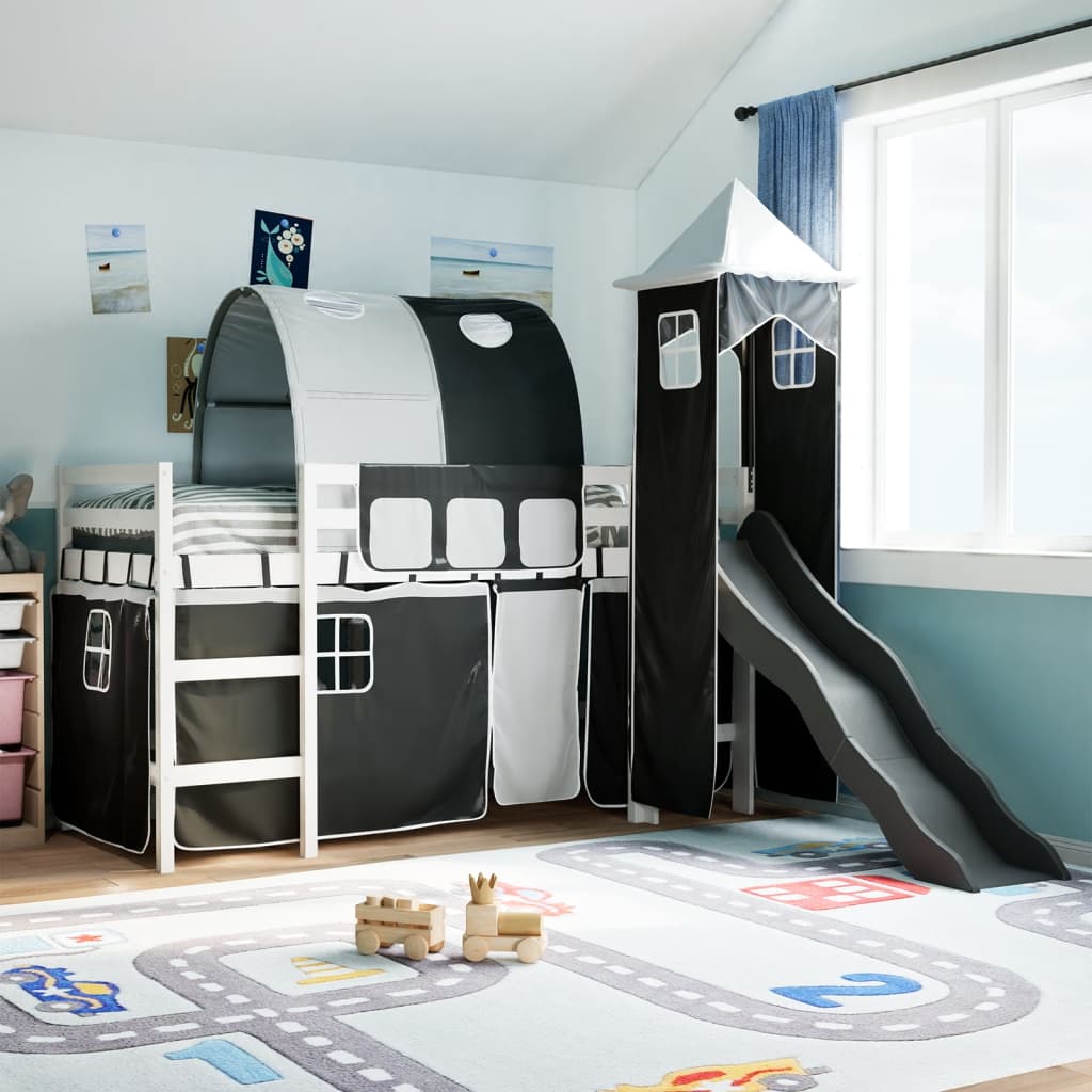 Kinderhoogslaper met toren 90x200 cm grenenhout wit en zwart - AllerleiShop