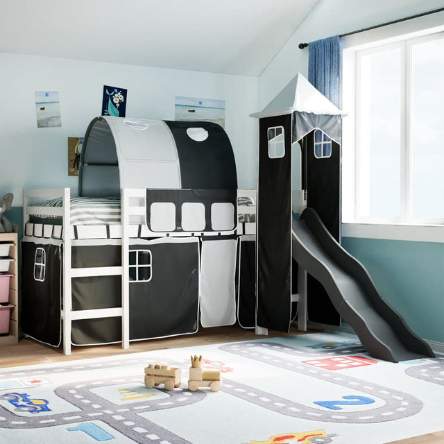 Kinderhoogslaper met toren 90x200 cm grenenhout wit en zwart - AllerleiShop
