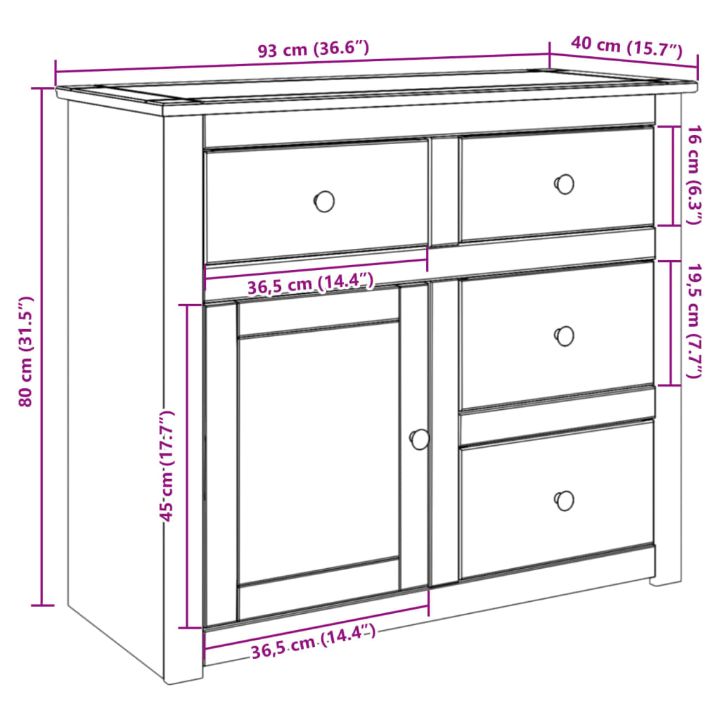 Dressoir met lades Panama 93x40x80 cm massief grenenhout - AllerleiShop