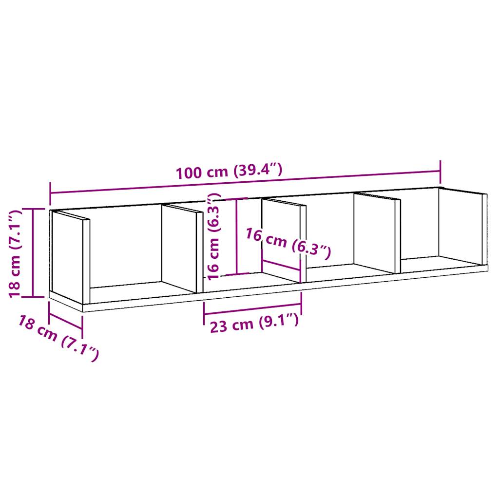 Cd-wandschap 100x18x18 cm bewerkt hout oud houtkleurig - AllerleiShop