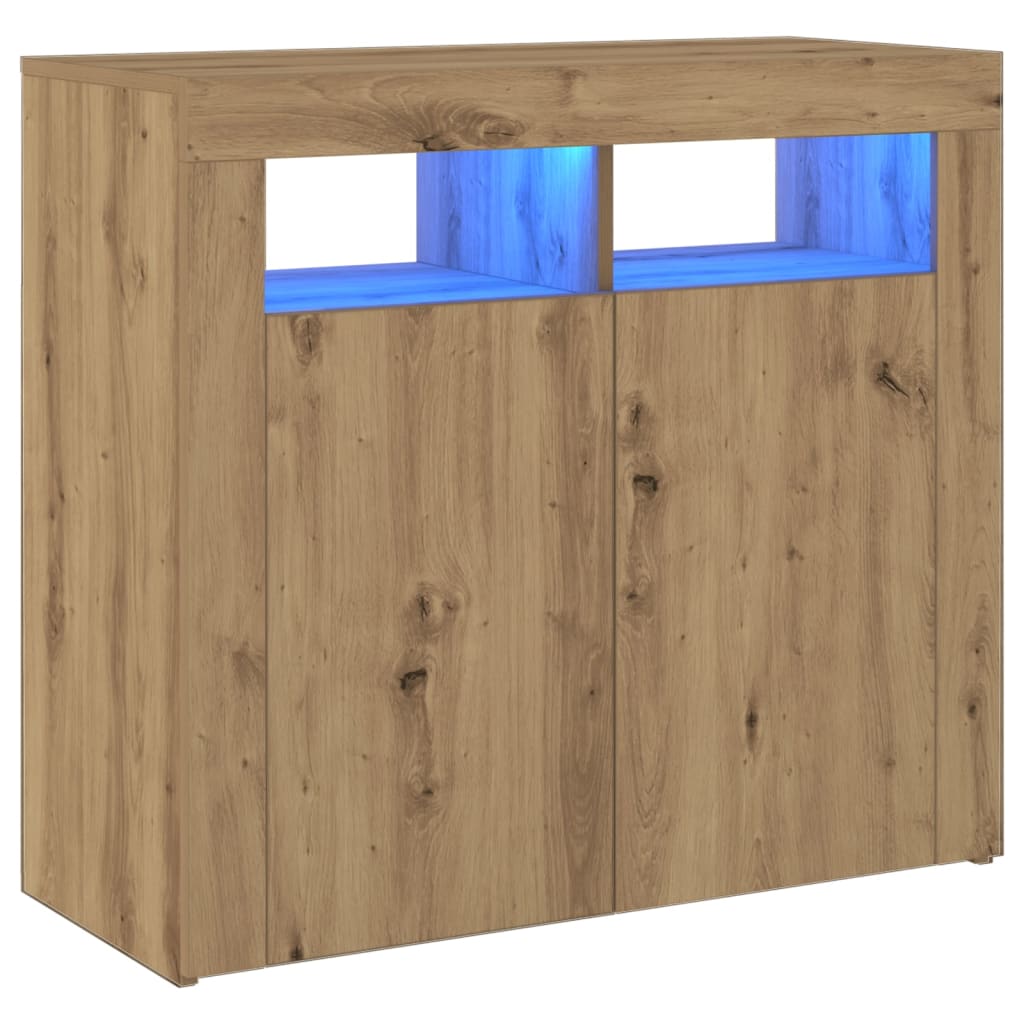 Dressoir met LED 80x35x75 cm bewerkt hout artisanaal eiken - AllerleiShop