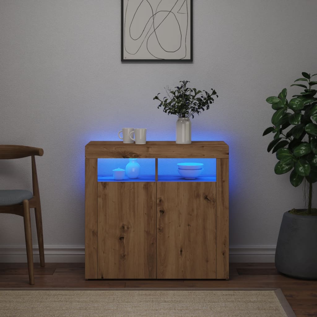 Dressoir met LED 80x35x75 cm bewerkt hout artisanaal eiken - AllerleiShop