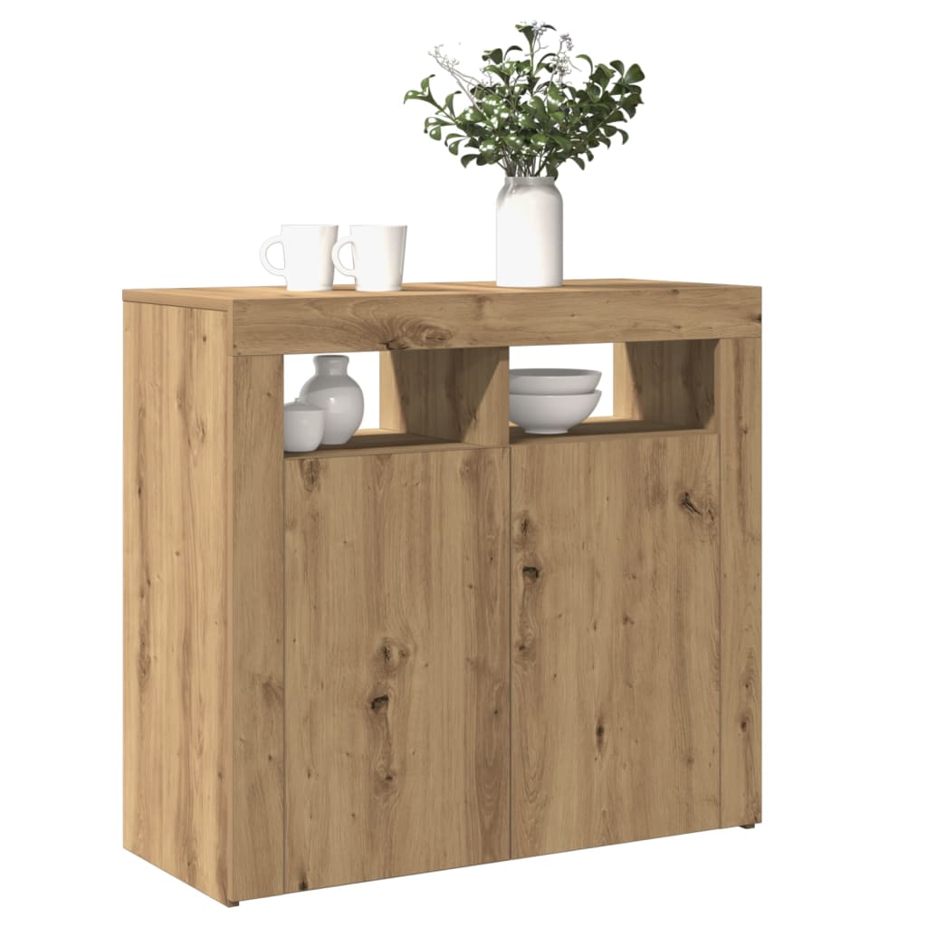 Dressoir met LED 80x35x75 cm bewerkt hout artisanaal eiken - AllerleiShop