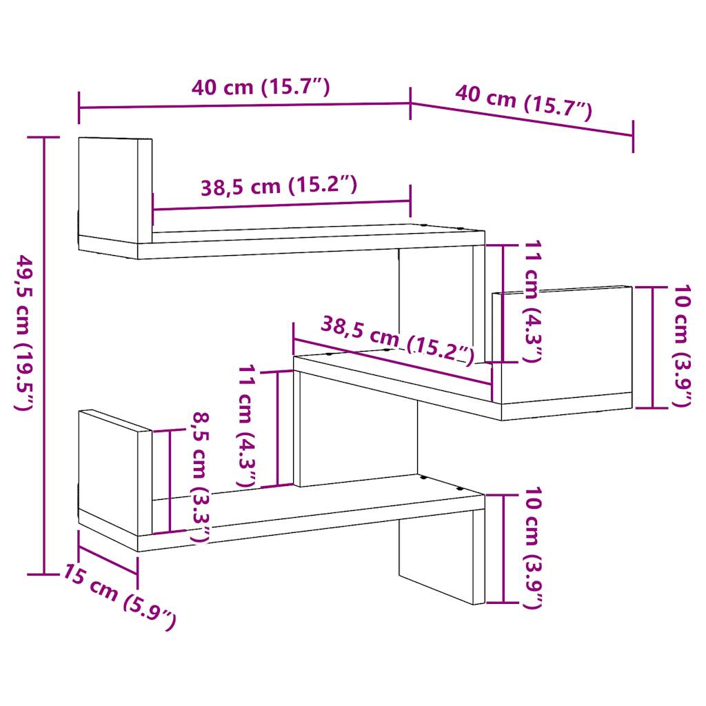 Hoekwandschappen 2 st 40x40x49,5 cm bewerkt hout oud houtkleur - AllerleiShop