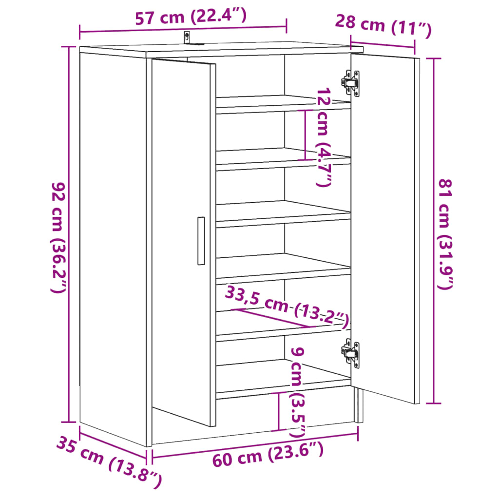 Schoenenkast 60x35x92 cm bewerkt hout oud houtkleurig - AllerleiShop