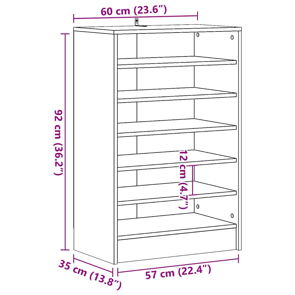 Schoenenkast 60x35x92 cm bewerkt hout artisanaal eikenkleur