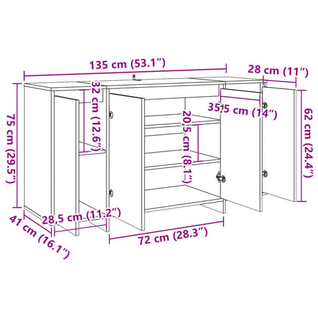 Dressoir 135x41x75 cm bewerkt hout artisanaal eikenkleur - AllerleiShop