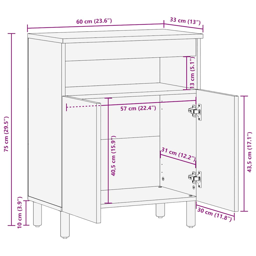 Dressoir 60x33x75 cm massief mangohout bruin