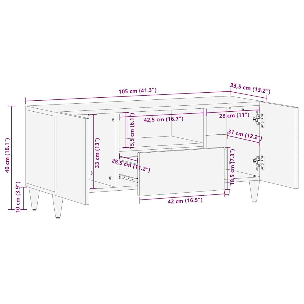 Tv-meubel 105x33,5x46 cm massief mangohout lichtgrijs