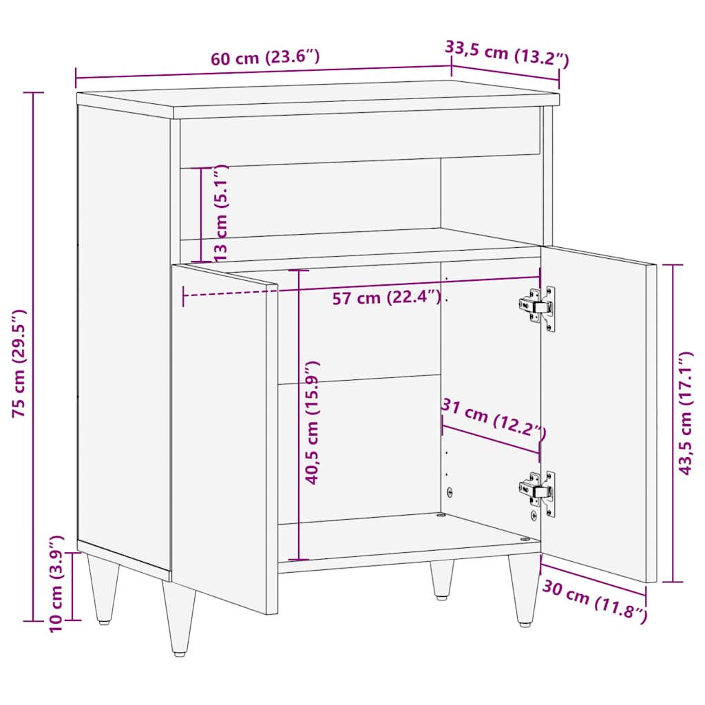 Dressoir 60x33,5x75 cm massief mangohout