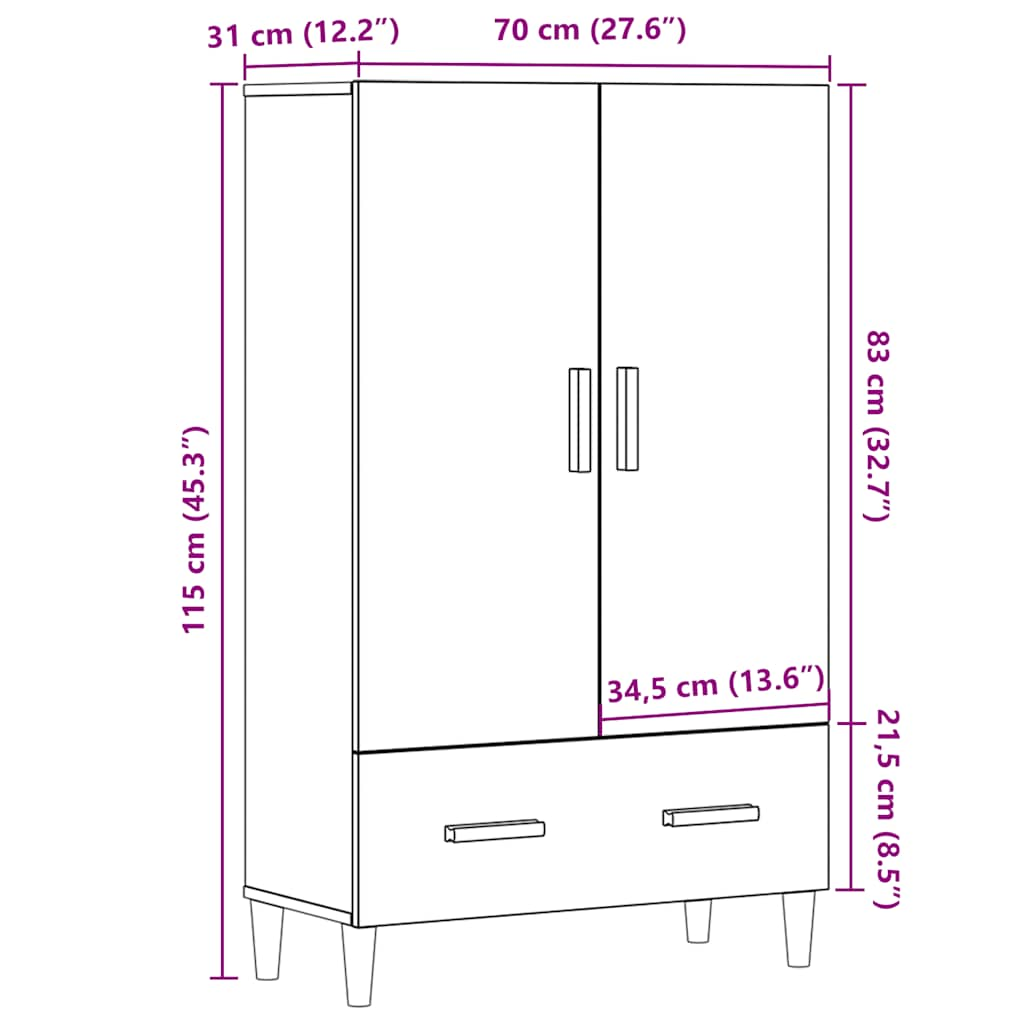 Hoge kast 70x31x115 cm bewerkt hout oud houtkleurig - AllerleiShop