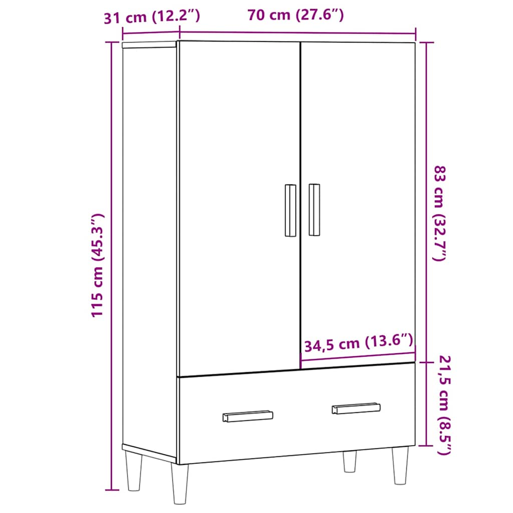 Hoge kast 70x31x115 cm bewerkt hout artisanaal eikenkleur - AllerleiShop