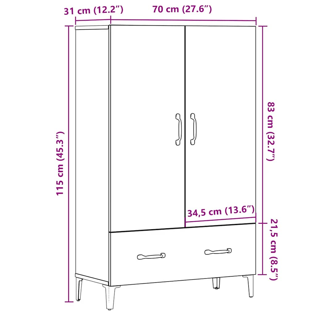 Hoge kast 70x31x115 cm bewerkt hout artisanaal eikenkleur - AllerleiShop