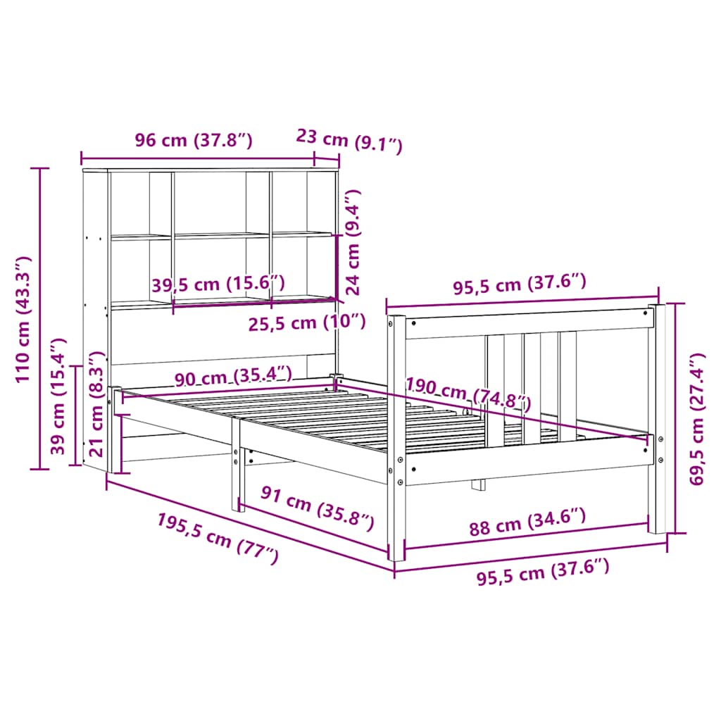 Bed met boekenkast zonder matras massief grenenhout 90x190 cm