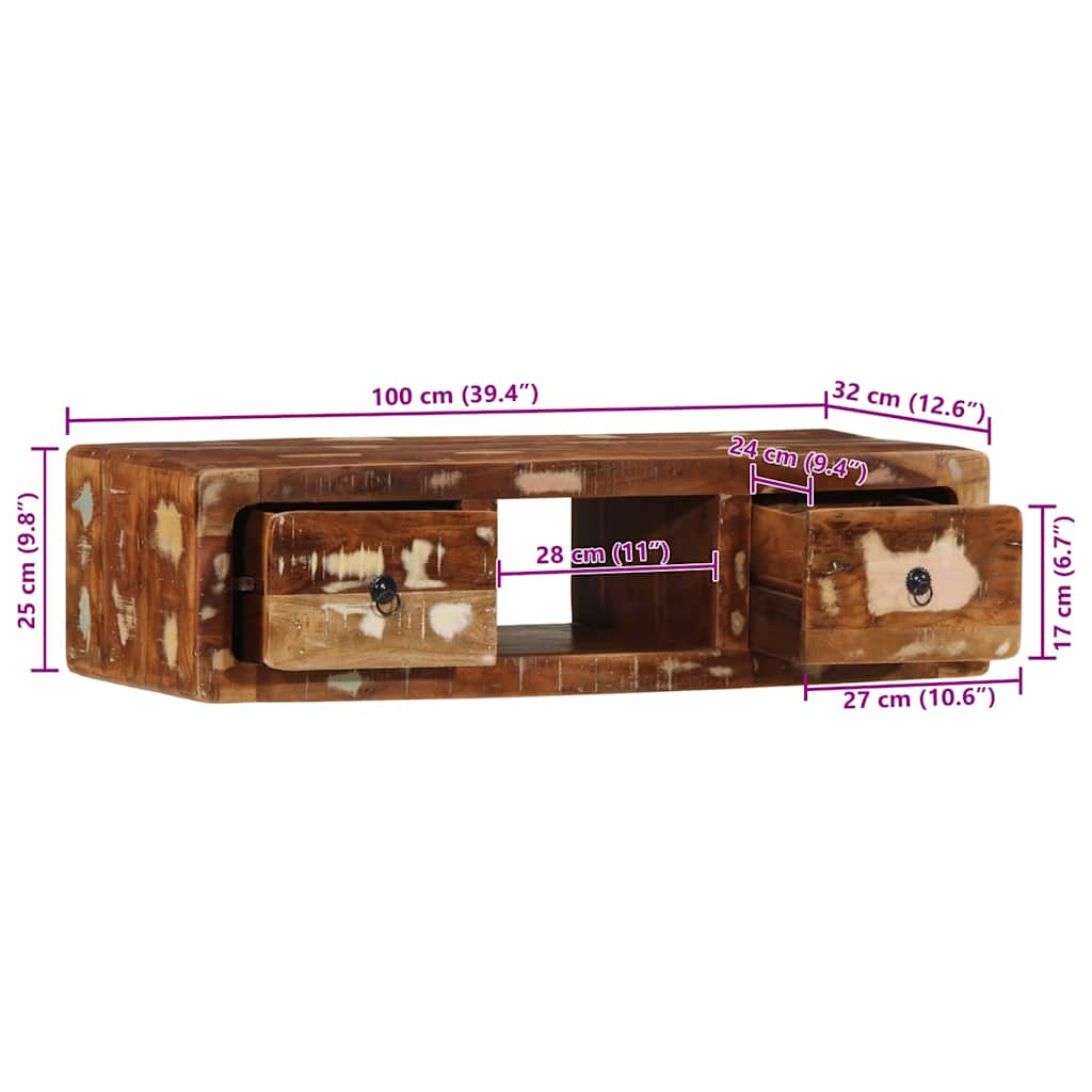 Tv-meubel wandmontage 100x32x25 cm massief gerecycled hout