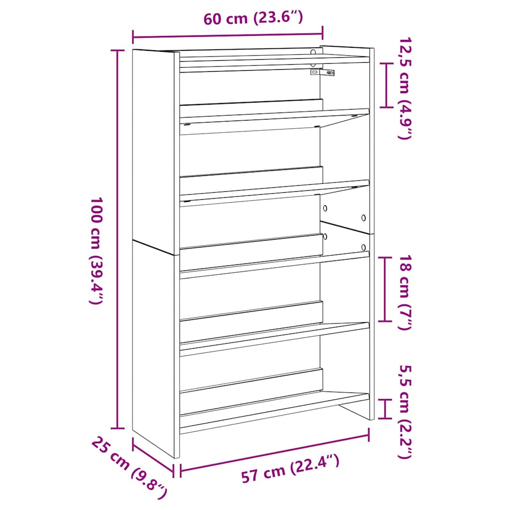 Schoenenrek 60x25x100 cm bewerkt hout betongrijs - AllerleiShop