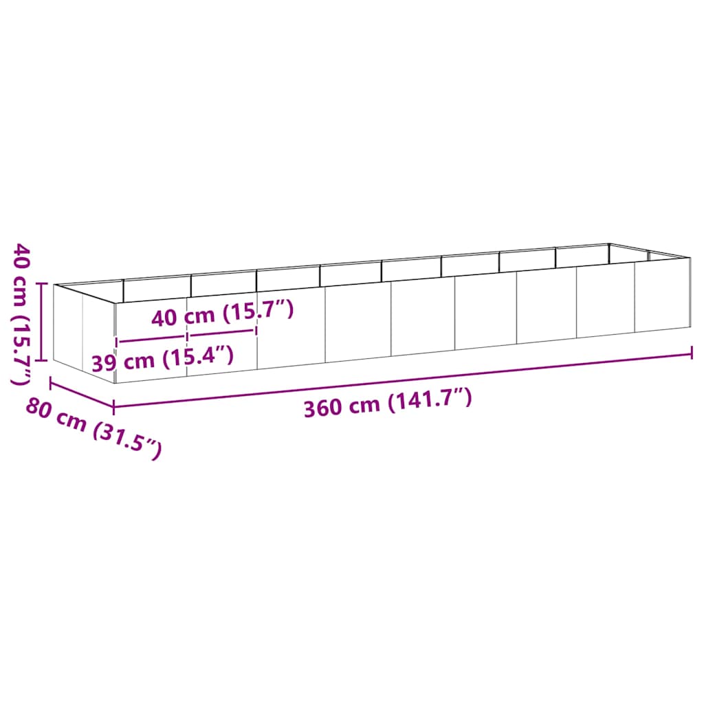 Plantenbak 360x80x40 cm staal zwart