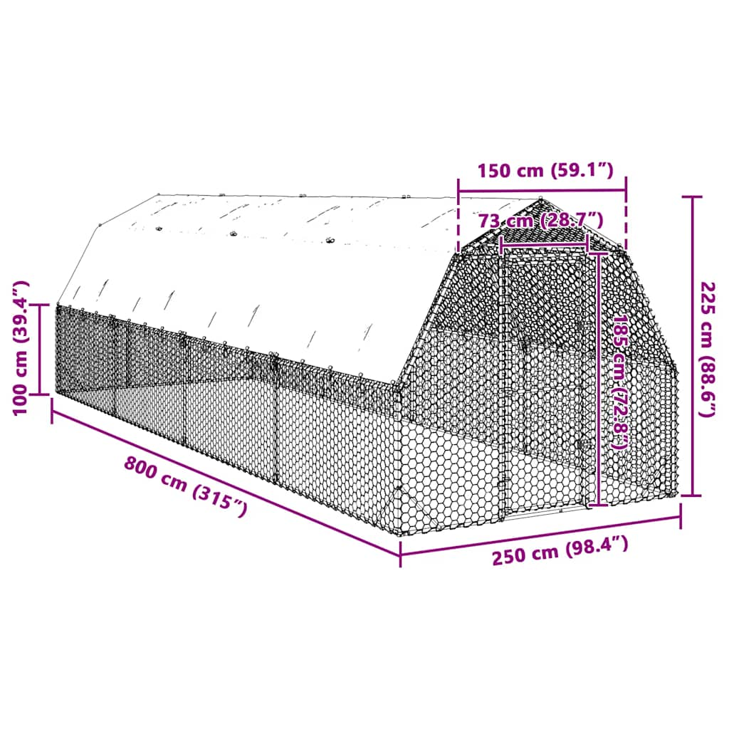 Kippenren met dak 2,5x8x2,25 m gegalvaniseerd staal