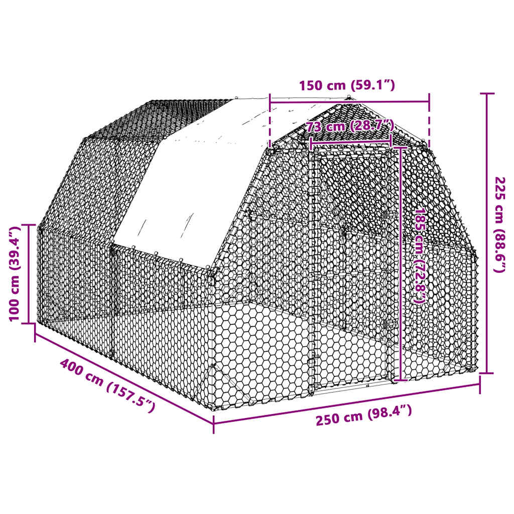 Kippenren met dak 2,5x4x2,25 m gegalvaniseerd staal