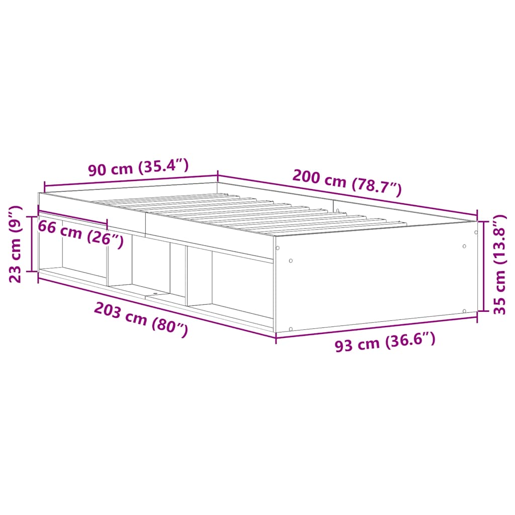 Bedframe 90x200 cm van oud bewerkt hout zonder matras met extra opbergruimte