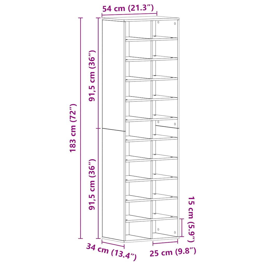 Schoenenkast 54x34x183 cm spaanplaat zwart eikenkleurig