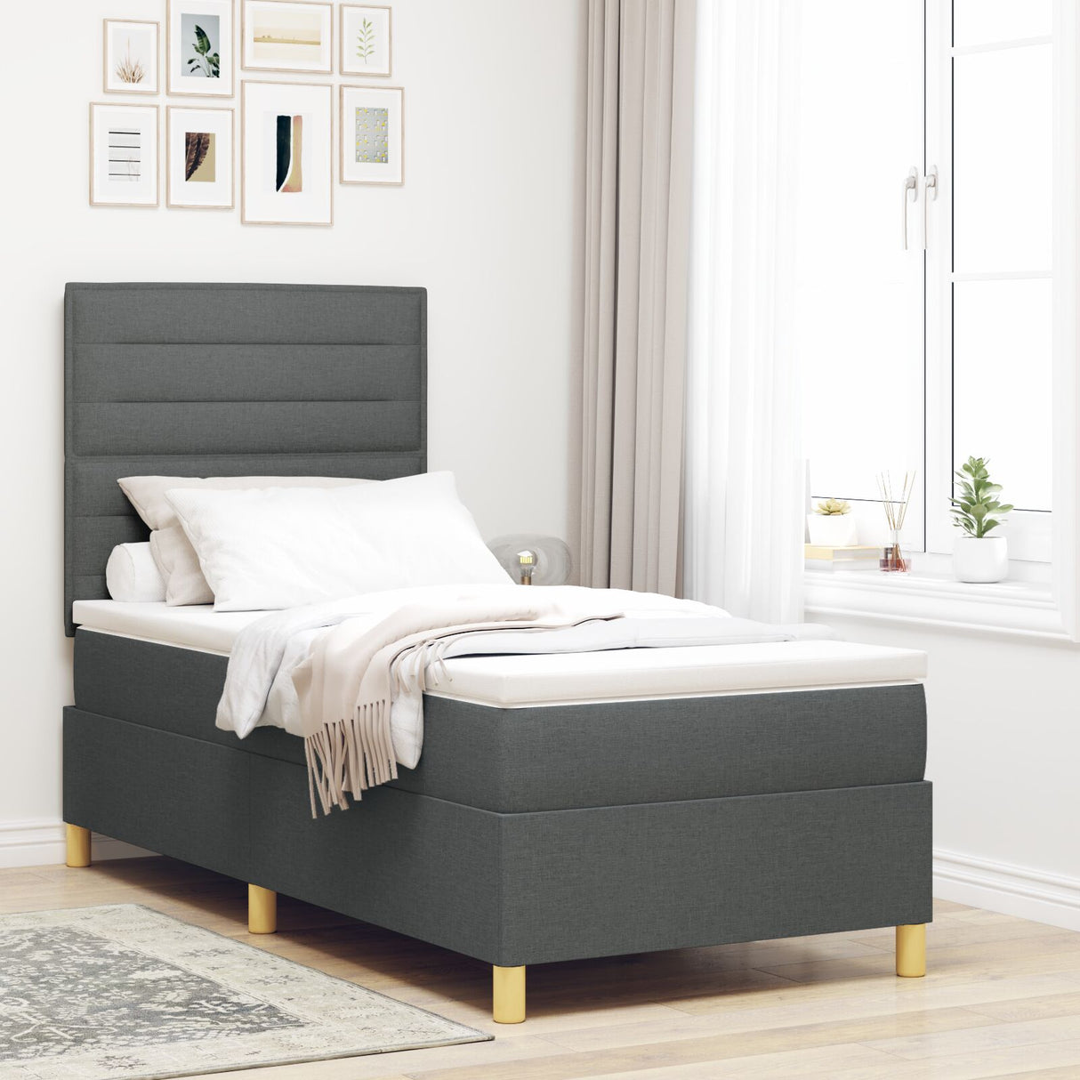 Boxspring Bed met Matras Donkergrijs Eenpersoons Stof