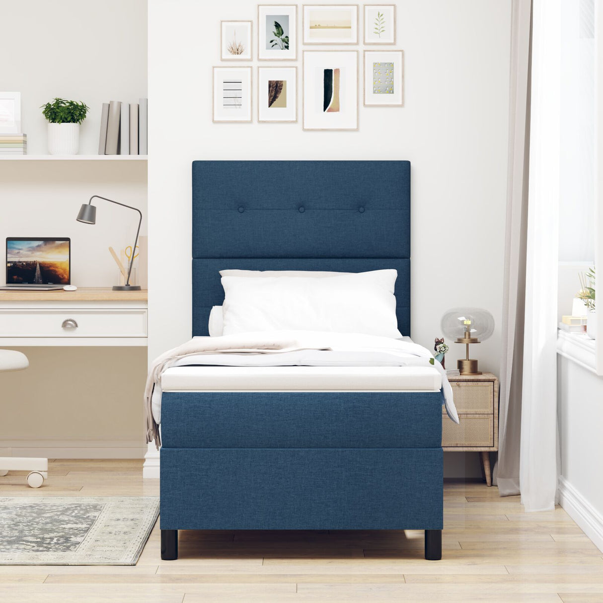 Boxspring Bed met Matras Blauw Eenpersoons Stof