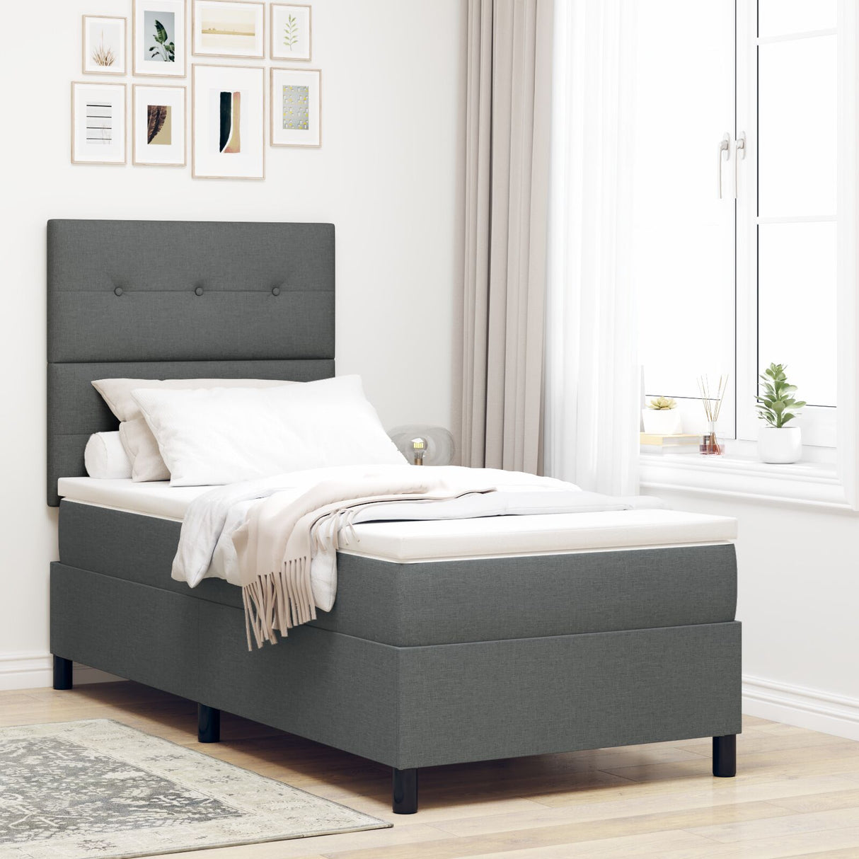 Boxspringbed met Matras Donkergrijs Eenpersoons Stof