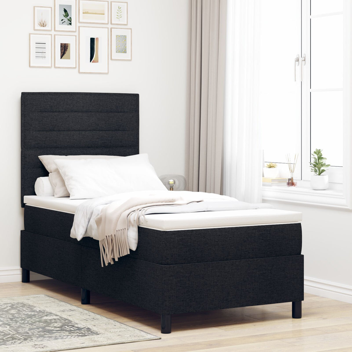 Boxspring Bed met Matras Zwart eenpersoons Stof
