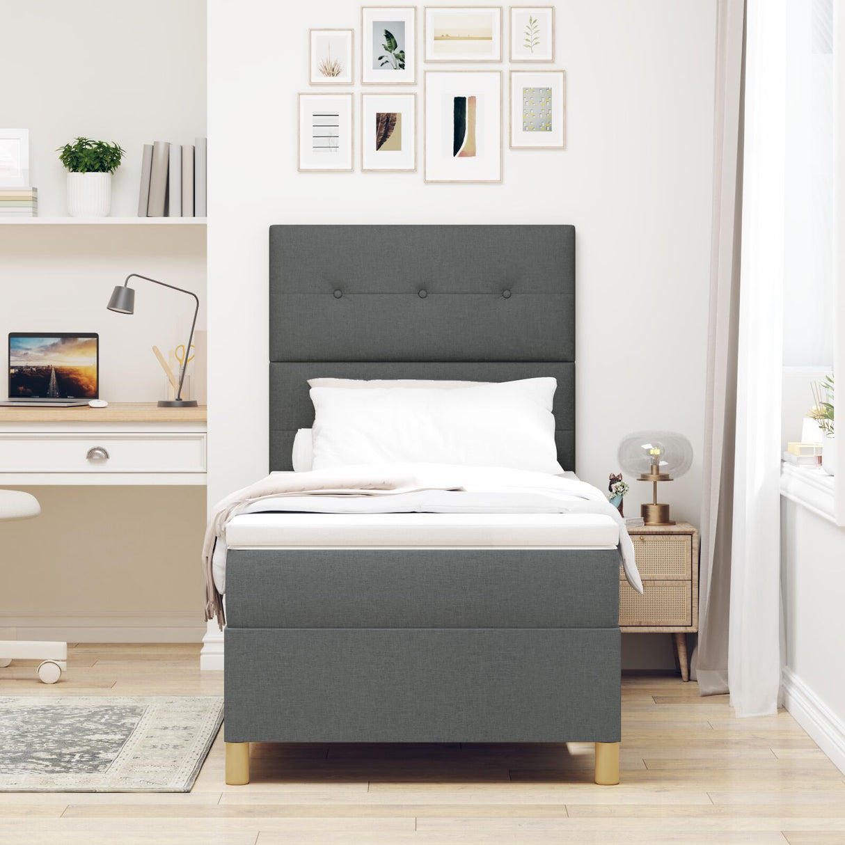 Boxspring Bed met Matras Donkergrijs Eenpersoons Stof