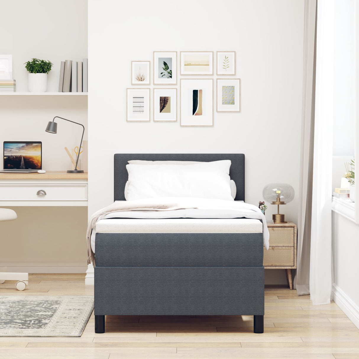 Boxspring Bed met Matras Donkergrijs Eenpersoons Corduroy Stof