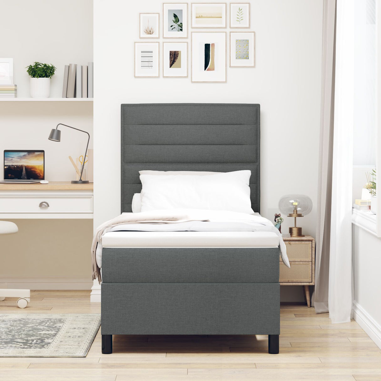 Boxspringbed met matras Donkergrijs Eenpersoonsstof