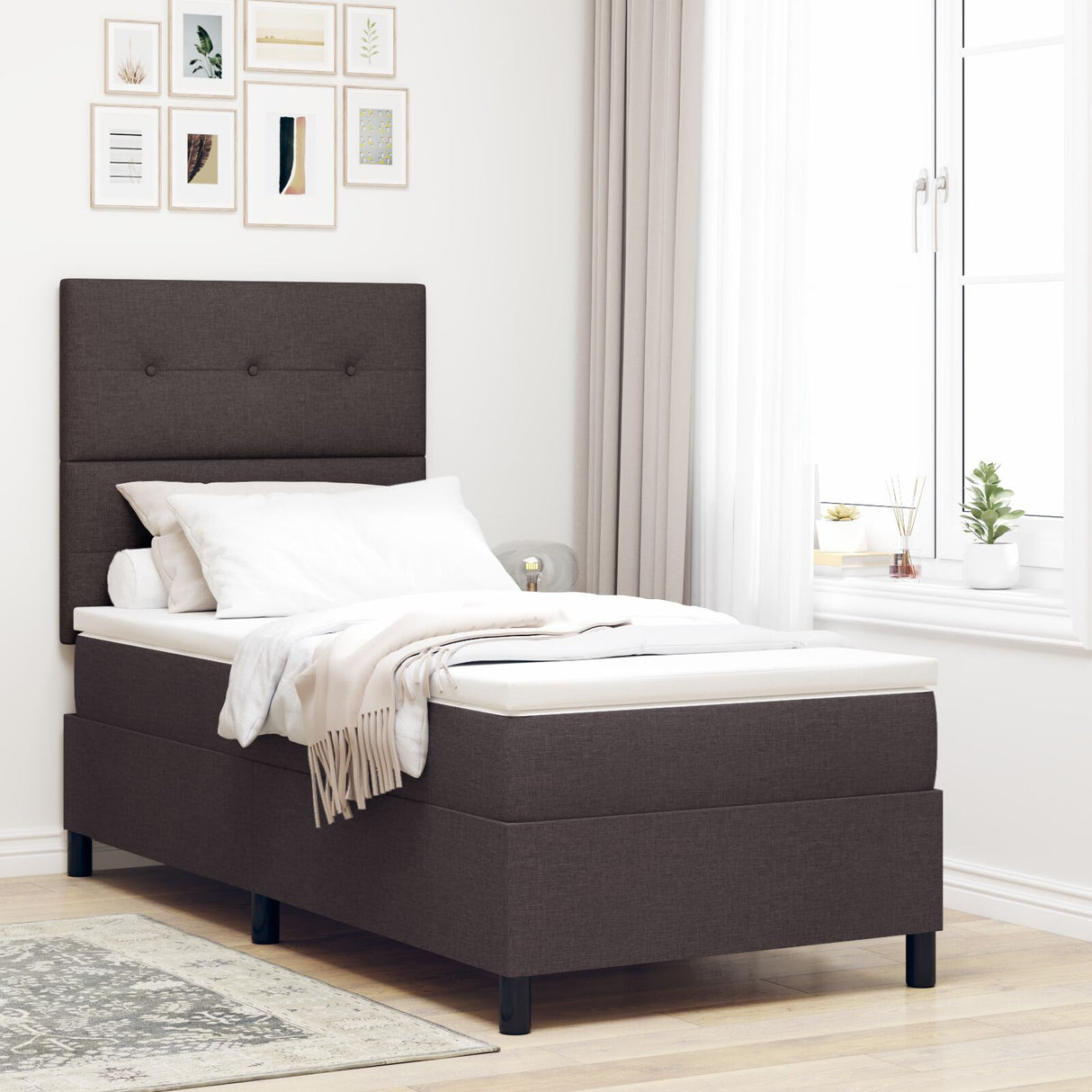 Boxspringbed met Matras Donkerbruin Eenpersoons Stof