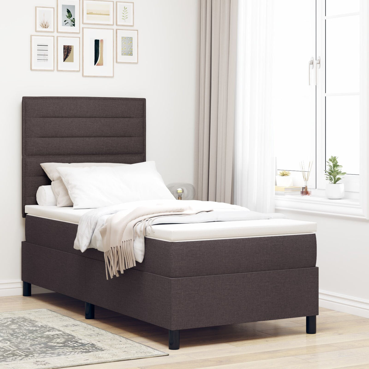 Boxspringbed met Matras Donkerbruin Eenpersoons Stof