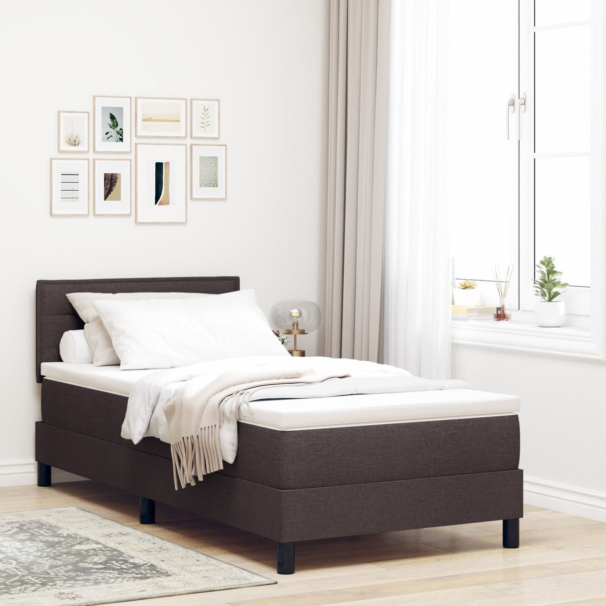 Bedframe met Matras Donkerbruin, Wit Stof 90 x 190 cm Bedframe