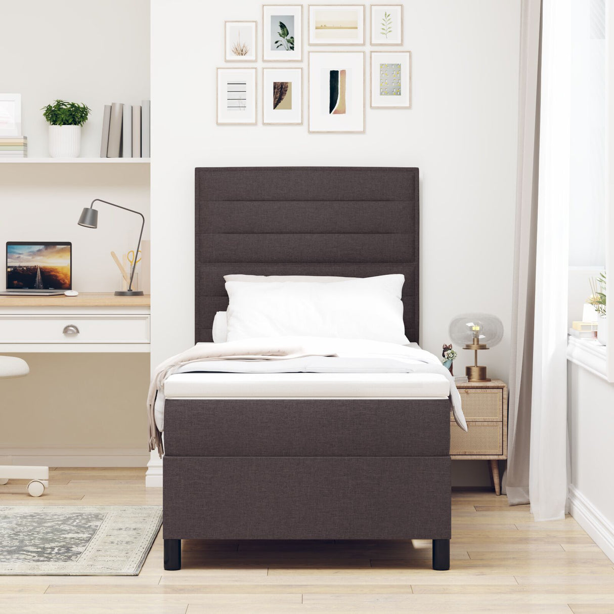 Boxspringbed met Matras Donkerbruin Eenpersoons Stof
