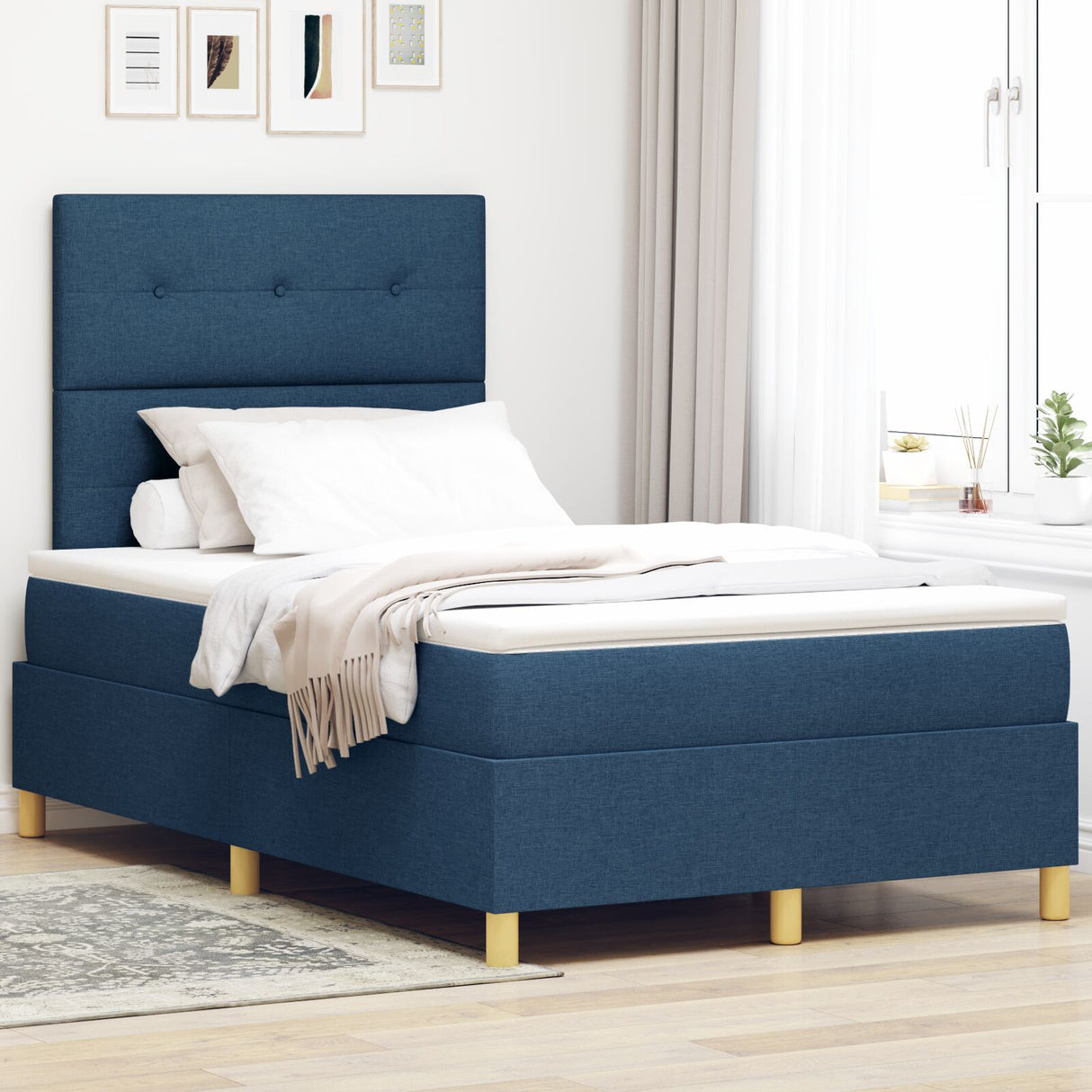 Boxspringbed met matras blauw klein dubbel stof