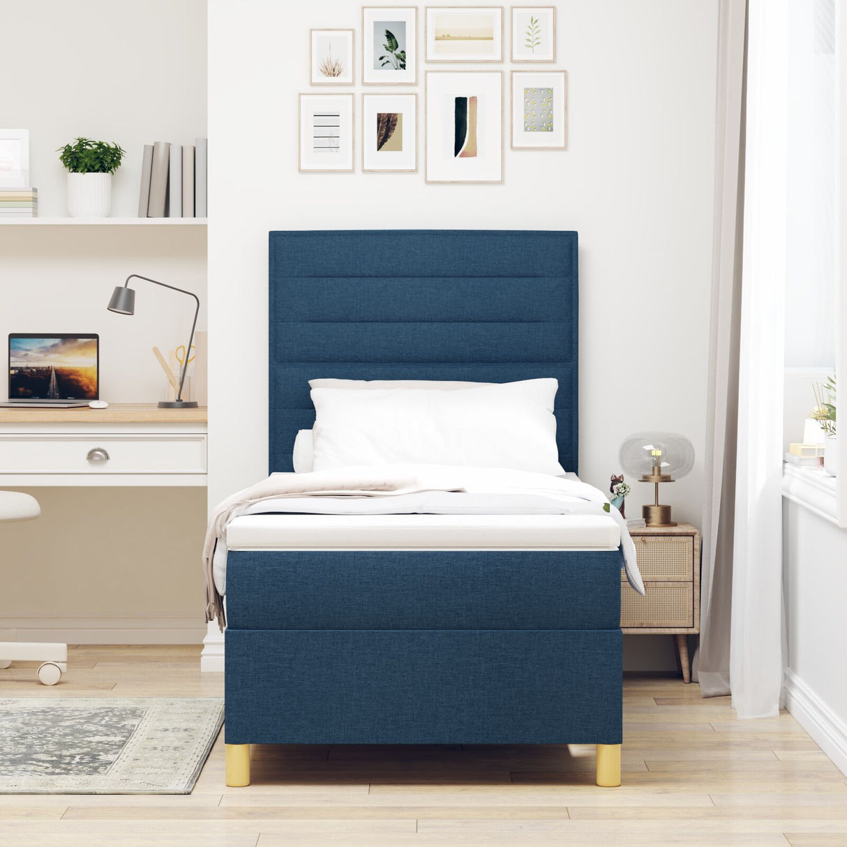 Boxspringbed met matras Blauw Eenpersoons Stof