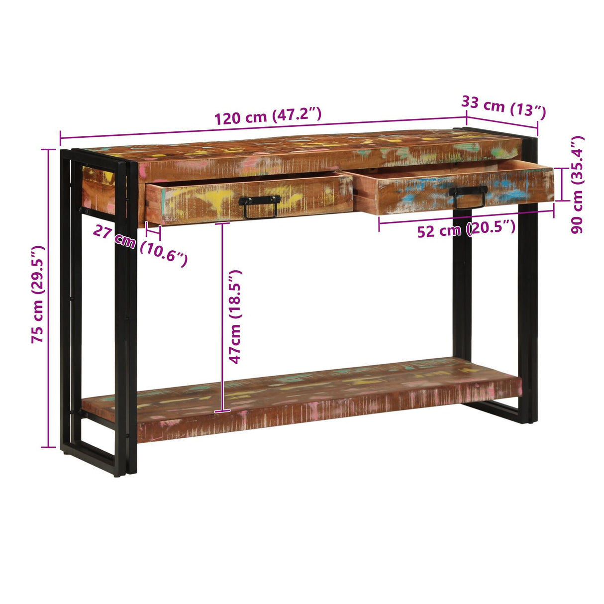 Console Tafel Meerkleurig 120x33x75 cm Massief Hout Gerecycled