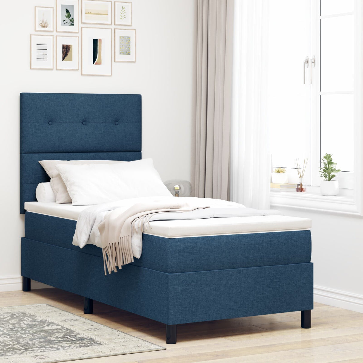 Boxspring Bed met Matras Blauw Eenpersoons Stof