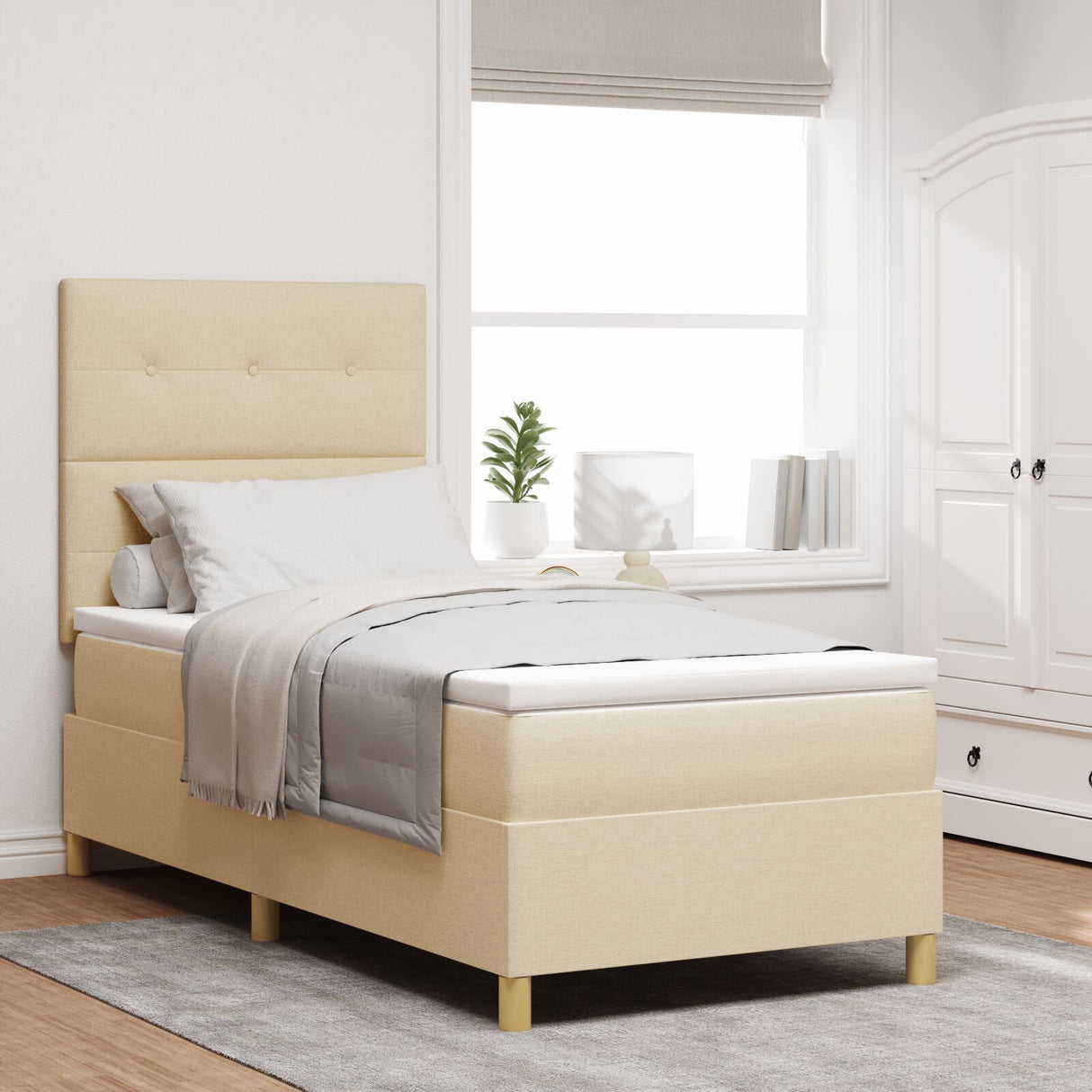 Boxspringbed met matras crème eenpersoons stof